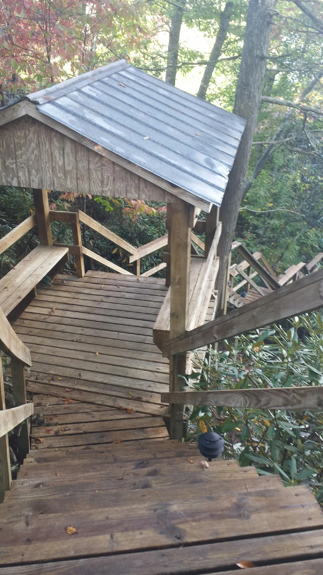 Metal roofed shelter over wooden steps on a wooded walkway — Skylight Repair & Installation work by our crew in Nalcrest
